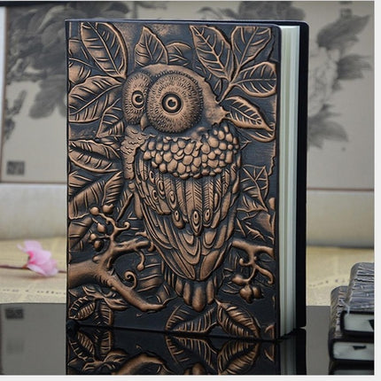 01663 Vintage Thick Handmade Leather Carving Owl Sketchbook Journal Cute Notebook