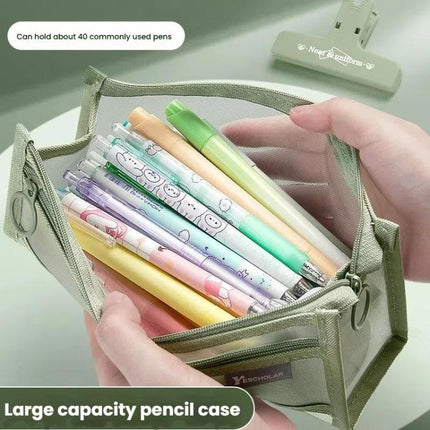 Large Capacity Double-Layer Mesh Pencil Case Triangular Base Design Exam Accessory Pouch