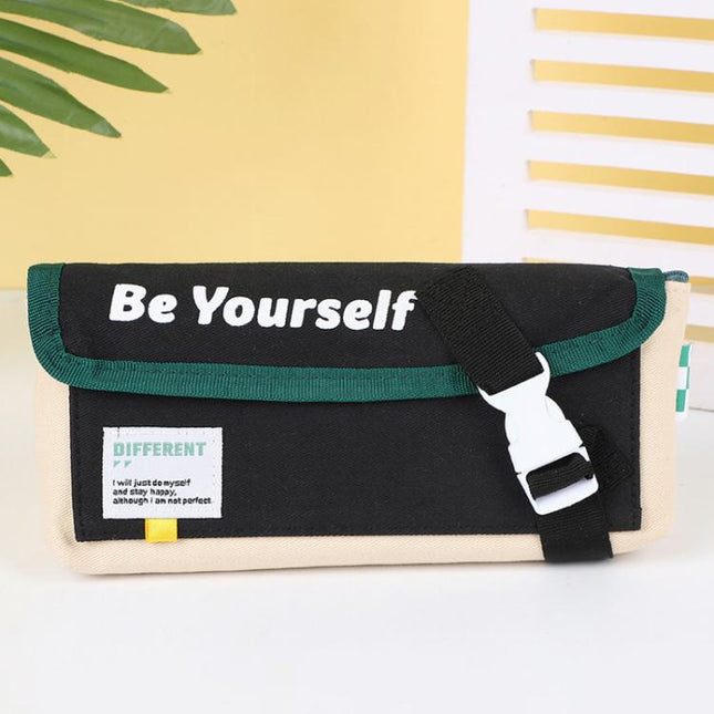 Double Layer Large Capacity Flip-Top Triangular Pen Pouch Simple Canvas Stationery Pouch