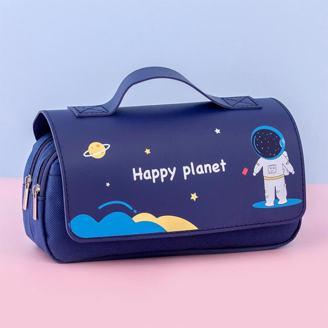 Student Handheld Double Layer Large Capacity Pencil Case Simple Planet-Themed Stationery Box