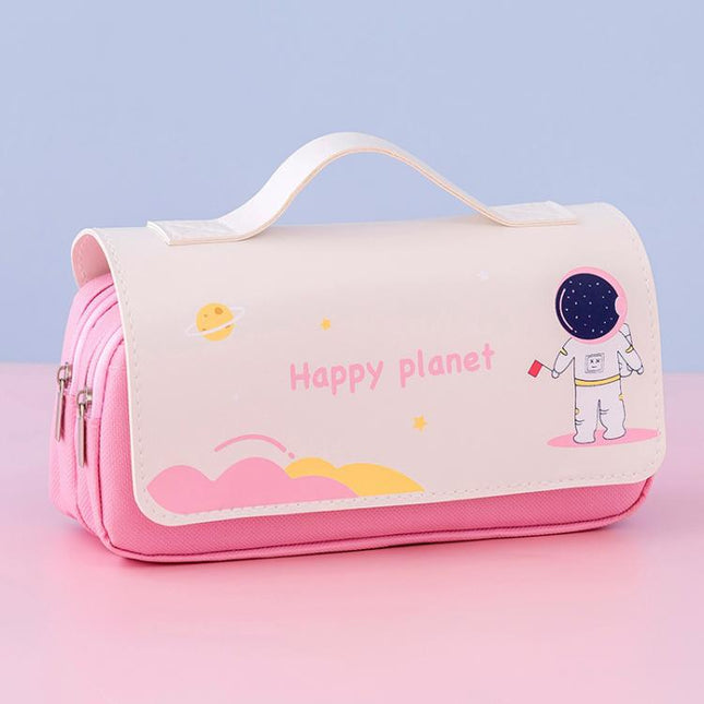 Student Handheld Double Layer Large Capacity Pencil Case Simple Planet-Themed Stationery Box