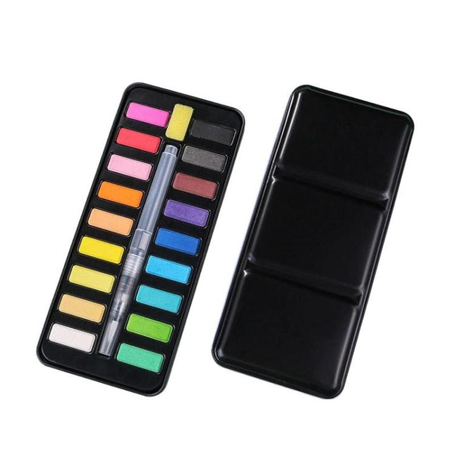 Portable Iron Box Model Large Capacity Painting Solid Watercolor Paint With 1 Absorbent Sponge and 1 Tap Pen