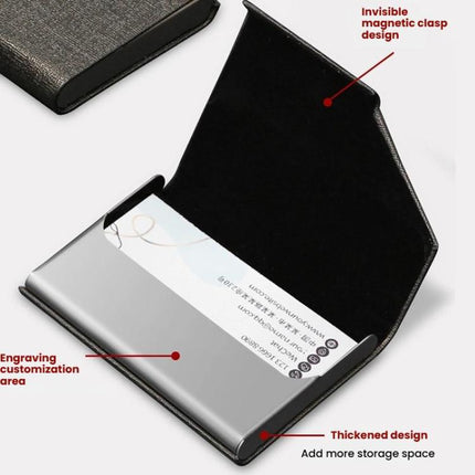 Stainless Steel Business Card Holder with Oracle PU Leather Flip-Top Metal Name Card Case